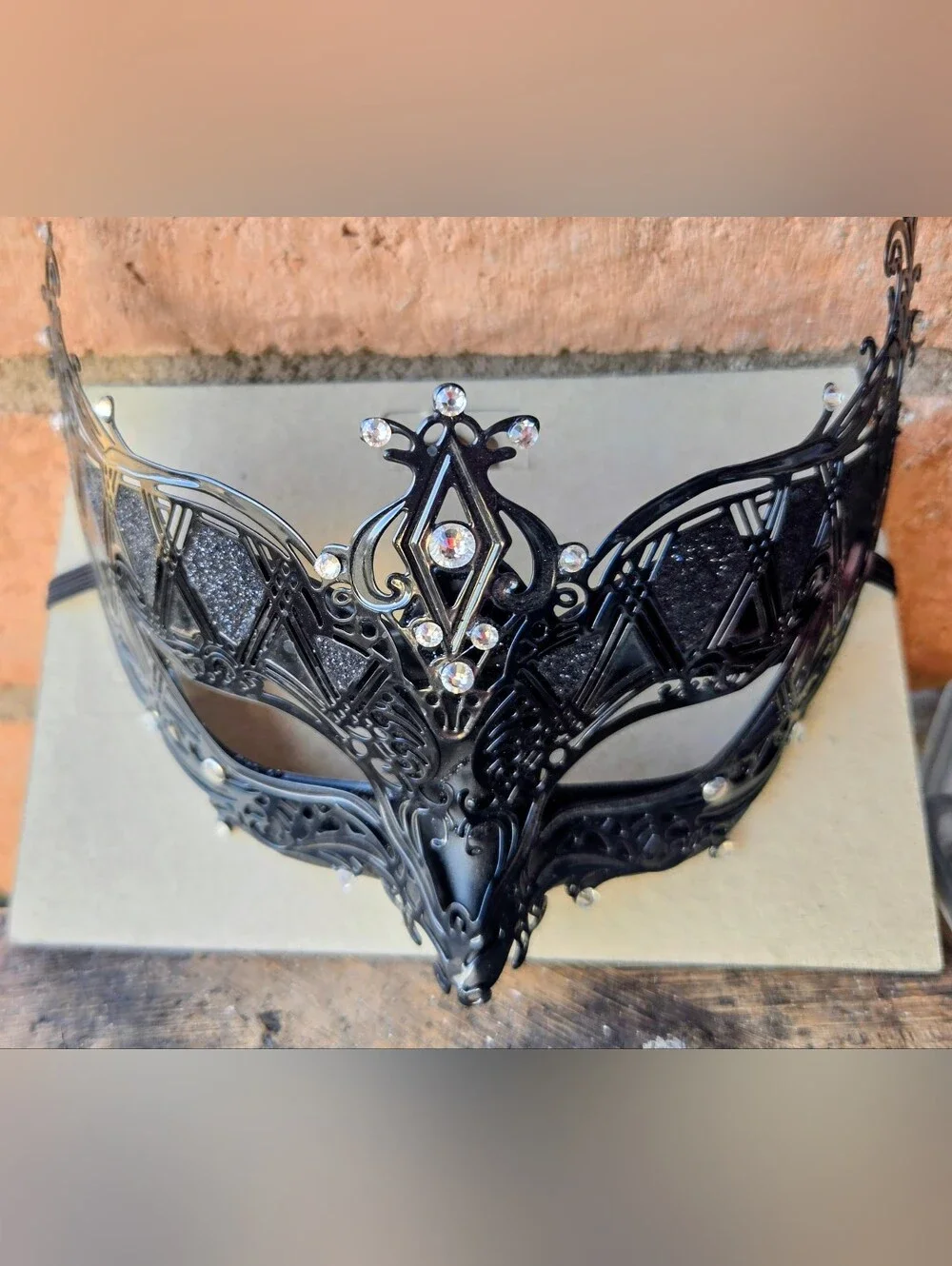 SOLID Black Decorative Masquerade Mask with Rhinestones - Metal. NEW.